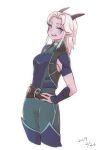  1girl absurdres belt blonde_hair breasts brown_horns dated facial_mark ganbachi hands_on_own_hips highres horns long_hair parted_bangs pointy_ears rayla_(the_dragon_prince) sidelocks simple_background small_breasts solo standing the_dragon_prince violet_eyes white_background 