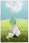  1other bad_id bad_twitter_id black_skirt blue_sky border crystal_hair field floating_hair from_side full_body full_moon glint grass green_eyes green_hair hair_over_one_eye highres houseki_no_kuni indian_style looking_at_viewer looking_to_the_side moon moon_in_daylight on_ground open_mouth outdoors phosphophyllite shiro_(kuro_guu) shirt short_hair short_sleeves sitting skirt sky smile solo suspender_skirt suspenders translucent_hair white_border white_shirt wide_sleeves 