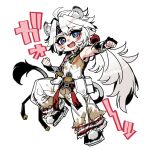  1boy animal_ears blue_eyes chibi clenched_hands commentary_request fang fingerless_gloves gloves haoro highres lingyang_(wuthering_waves) lion_boy lion_ears lion_tail looking_at_viewer male_focus open_mouth pants ponytail shirt sleeveless sleeveless_shirt tail translation_request white_background white_hair white_pants white_shirt wuthering_waves 