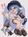  ! !! 1girl artist_name black_hat blue_background blue_hair bucket_hat cellphone commentary_request drink full_body grey_eyes ha_r_a_k hat highres holding holding_drink inkling inkling_girl inkling_player_character long_hair open_mouth phone print_sweater sleeves_past_wrists solo splatoon_(series) splatoon_3 sweater tentacle_hair twitter_username two-tone_background white_background white_sweater 