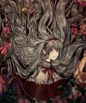 1girl absurdly_long_hair capelet closed_mouth commentary_request flower grey_eyes grey_hair hairband highres long_hair looking_at_viewer minai_mosa neck_ribbon original pink_flower pink_rose red_capelet red_ribbon ribbon rose solo upper_body very_long_hair 