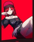  1girl ;) black_hat black_shirt choker closed_mouth clothes_writing collarbone corporalblake hat hecatia_lapislazuli highres legs looking_at_viewer off-shoulder_shirt off_shoulder one_eye_closed pillarboxed red_background redhead ringed_eyes shirt short_hair signature smile solo touhou 