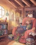  1girl armchair black_cat black_eyes book bookshelf brown_hair calico candle cat chair clock cup desk_lamp grandfather_clock green_robe green_socks heikala highres holding holding_book indoors lamp leggings mug multiple_cats open_book original painting_(medium) painting_(object) pile_of_books rafters reading red_leggings red_sweater robe short_hair sitting skis socks solo sweater traditional_media watercolor_(medium) window wooden_floor 