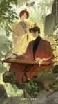  2boys absurdres bird black_hair brown_eyes brown_hair chinese_clothes chinese_text hanfu highres huanying_xiaciguanglin instrument long_sleeves male_focus multiple_boys music original plant playing_instrument robe rock sitting smile sparrow zither 
