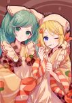  2girls apron aqua_eyes aqua_hair artist_name bell_pepper blonde_hair blue_hair bow brown_bow brown_kimono carrot_slice checkered_clothes checkered_kimono commentary earrings eating food food_print fork_hair_ornament green_pepper hair_bow hardboiled_egg harusamesyota hatsune_miku highres holding_utensil japanese_clothes jewelry kagamine_rin kappougi kimono long_hair looking_at_viewer lotus_root multiple_girls one_eye_closed orange_kimono short_hair shrimp_print side-by-side spoon_hair_ornament squash star-shaped_food star_(symbol) star_earrings striped_sleeves swept_bangs tenugui twintails two-tone_kimono upper_body utensil_in_mouth very_long_hair vocaloid white_bow wide_sleeves yuki_miku yuki_miku_(2024) yuki_rin yuki_rin_(2024) 