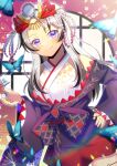  1girl animal bare_shoulders black_bow black_hair blurry blurry_foreground bow breasts bug butterfly closed_mouth commentary_request commission copyright_request depth_of_field flower grey_hair hair_flower hair_ornament hand_on_own_hip hand_up japanese_clothes kimono kou_hiyoyo long_hair looking_at_viewer mahjong_tile medium_breasts parted_bangs red_flower round_window skeb_commission sleeveless sleeveless_kimono smile solo very_long_hair violet_eyes virtual_youtuber white_kimono window 