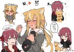  2girls animal animal_ears animalization black_shirt blonde_hair cat cat_ears cat_girl cat_tail dark-skinned_female dark_skin dress eyepatch fang grey_dress hand_on_another&#039;s_chin hat heterochromia highres holding holding_animal holding_cat hololive houshou_marine kemonomimi_mode multiple_girls one_eye_closed open_mouth orange_eyes parted_lips pirate_hat red_eyes red_ribbon redhead ribbon shiranui_flare shirt short_sleeves shorts smile tail thought_bubble translation_request tsubudashi twintails virtual_youtuber white_shorts yellow_eyes yuri 