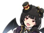  1girl black_gloves black_hair blush bow brown_eyes demon_wings fake_wings fang gloves hair_bow hair_ribbon hand_up hat highres idolmaster idolmaster_million_live! idolmaster_million_live!_theater_days jacket looking_at_viewer mini_hat nakatani_iku one_side_up open_mouth portrait purple_jacket rauto ribbon shirt short_hair simple_background smile solo two-tone_bowtie two-tone_ribbon v-shaped_eyebrows white_background white_shirt wings 