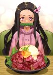  1girl alternate_costume bit_gag black_hair bowl commentary_request danryoku_(ucrh3525) donburi drawstring drooling food fried_egg gag good_meat_day hair_ribbon heart heart-shaped_pupils highres hood hood_down hoodie kamado_nezuko kimetsu_no_yaiba lettuce long_hair meat pink_eyes pink_hoodie pink_ribbon ribbon roast_beef sitting solo symbol-shaped_pupils upper_body 