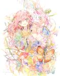  1girl :d bug butterfly cup flower highres holding holding_cup kazuka long_hair looking_at_viewer nail_polish open_mouth original painting_(medium) pink_hair shell smile solo teacup traditional_media violet_eyes watercolor_(medium) white_background wide_sleeves 