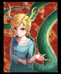  1girl antlers blonde_hair blue_shirt closed_mouth collarbone dragon_girl dragon_horns dragon_tail fingernails fur-tipped_tail green_scales green_skirt green_tail highres holding holding_smoking_pipe horns kicchou_yachie long_fingernails looking_at_viewer monster_girl pleated_skirt pointy_ears red_eyes scales shirt short_hair short_sleeves simple_background skirt smile smoke smoking smoking_pipe solo square_neckline tail touhou turtle_shell yan_pai yellow_horns 
