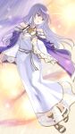  1girl bare_shoulders brown_footwear cape commentary dress fire_emblem fire_emblem:_genealogy_of_the_holy_war floating_hair gold_trim julia_(fire_emblem) kiyuu long_hair purple_cape purple_hair sandals solo toenails toes violet_eyes white_dress wide_sleeves 