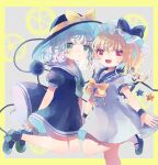  2girls alternate_costume black_dress bow bowtie closed_mouth commentary dress flandre_scarlet full_body green_eyes hat hat_bow hiyuu_(hiyualice) komeiji_koishi looking_at_viewer multiple_girls puffy_short_sleeves puffy_sleeves red_eyes short_sleeves smile standing star_(symbol) third_eye tongue touhou white_background white_dress wings yellow_bow yellow_bowtie 