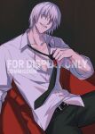  1boy absurdres bishounen black_necktie blue_eyes dante_(devil_may_cry) devil_may_cry_(series) devil_may_cry_3 formal hao_xiang_yishui_bu_xing highres long_hair looking_at_viewer male_focus necktie open_clothes pale_skin shirt smile solo upper_body white_hair white_shirt 
