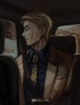  1boy animal_print blonde_hair blue_shirt car_interior collared_shirt expressionless goggles highres jujutsu_kaisen leopard_print male_focus nanami_kento necktie seatbelt shirt short_hair sitting solo suit upper_body yellow_necktie zztzza 