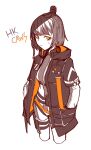  1girl bare_legs black_hair black_jacket caws_(girls&#039;_frontline) closed_mouth dogs_(dlrkdejr26) eyeshadow girls_frontline hair_bun hands_in_pockets hood hooded_jacket jacket long_sleeves looking_at_viewer makeup parted_bangs shirt short_hair short_sleeves simple_background sweatdrop swept_bangs thigh_strap white_background white_shirt yellow_eyes 