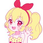  1girl :d aged_down aikatsu! aikatsu!_(series) bad_id bad_twitter_id blonde_hair bow commentary_request flower hair_bow hairband hand_up hoshimiya_ichigo jewelry long_hair looking_at_viewer necklace open_hand open_mouth red_eyes red_hairband simple_background smile solo upper_body white_background yellow_flower 