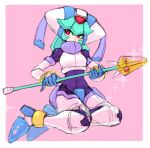  1girl android armor black_bodysuit bodysuit bodysuit_under_clothes boots crop_top crotch_plate forehead_jewel green_hair helmet holding holding_staff medium_hair mega_man_(series) mega_man_zx mega_man_zx_advent milky_611 pandora_(mega_man) pink_background power_armor red_eyes sketch solo sparkle staff thigh_boots white_armor white_helmet 