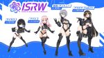  4girls amadea_wolfa black_bodysuit black_hair black_one-piece_swimsuit bodysuit boots clothing_cutout dolphin_wave eines_(dolphin_wave) full_body highres long_hair midriff multicolored_hair multiple_girls nacht_(dolphin_wave) official_art one-piece_swimsuit ootomo_takuji pink_hair sarah_anthony short_hair stomach_cutout swimsuit thigh_boots two-tone_hair underboob_cutout 