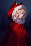  1girl absurdres black_souls blonde_hair blue_eyes cape closed_mouth forest fur-trimmed_hood fur_trim highres hood hood_up hooded_cape katsubaoo nature neck_ribbon night outdoors red_cape red_hood_(black_souls) ribbon solo 