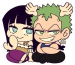  1boy 1girl armlet black_hair black_pants blue_eyes blue_tank_top blunt_bangs chibi chibi_only crossed_arms earrings extra_arms green_hair grin indian_style jewelry line_sticker_available lowres medium_hair nico_robin one_piece pants purple_pants roronoa_zoro short_hair sitting smile tank_top wl6yugi8go1 