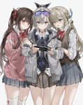  3girls alternate_costume black_necktie bow bowtie brown_skirt closed_mouth collared_shirt crossed_bangs earrings grey_eyes grey_hair grey_jacket grey_skirt hair_between_eyes hair_ornament hairclip handheld_game_console high_ponytail highres holding holding_handheld_game_console holding_hands honkai:_star_rail honkai_(series) jacket jewelry light_brown_hair long_hair long_sleeves low_twintails multiple_girls neck_ring necktie open_clothes open_jacket open_mouth parted_lips pink_eyes playstation_portable ponytail qingque_(honkai:_star_rail) red_bow red_bowtie ribbon_legwear school_uniform shirt silver_wolf_(honkai:_star_rail) simple_background skirt sparkle_(honkai:_star_rail) standing sweat thigh-highs twintails utsuhostoria white_background white_shirt white_thighhighs zettai_ryouiki 