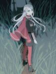  1girl 1other b_(wldms6650) black_footwear black_jacket cape commentary edelgard_von_hresvelg english_commentary fire_emblem fire_emblem:_three_houses floating_hair grass high_heels highres jacket long_hair long_sleeves looking_at_viewer looking_back night outdoors pantyhose parted_lips red_cape red_pantyhose violet_eyes white_hair 