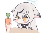  1girl 5uj0 animal_ears animated animated_gif bare_shoulders black_hair blue_archive blue_halo blush carrot chibi grey_hair halo highres holding holding_carrot kokona_(blue_archive) long_hair meme multicolored_hair no_mouth pov_cheek_grabbing_(meme) shaking_head solo_focus streaked_hair white_background yellow_eyes 
