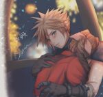  1boy 1girl aerith_gainsborough arm_around_back armor bandaged_arm bandages blonde_hair blue_eyes blush braid braided_ponytail brown_gloves brown_hair cloud_strife couple cropped_jacket earrings final_fantasy final_fantasy_vii final_fantasy_vii_rebirth final_fantasy_vii_remake fireworks gloves gondola hair_between_eyes hair_ribbon hand_on_another&#039;s_chest hetero highres hug jacket jewelry long_hair looking_at_another parted_bangs parted_lips pink_ribbon red_jacket ribbon short_hair shoulder_armor single_braid single_earring sleeveless sleeveless_turtleneck spiky_hair suspenders turtleneck upper_body yuu_crazy_doll_sae 