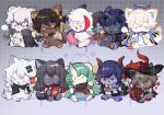  4girls 6+boys :3 ? animal_ears animal_hands animalization arknights black_coat black_hair black_jacket black_scarf blue_eyes blue_hair blue_pants box brown_hair cape ch&#039;en_(arknights) chibi chinese_commentary coat coat_on_shoulders commentary_request crossed_bangs cupcake dragon_girl dragon_horns dragon_tail elysium_(arknights) executor_(arknights) flamebringer_(arknights) food food_in_mouth fur-trimmed_coat fur_trim gift glasses green_hair grey_eyes grey_hair halo head_wings holding holding_box holding_food holding_gift holding_test_tube horns hoshiguma_yuugi hugging_tail id_card jacket lappland_(arknights) light_brown_hair long_hair looking_at_viewer multicolored_hair multiple_boys multiple_girls necktie nitrogen_owo one_eye_closed orange_necktie pants phantom_(arknights) phantom_(focus)_(arknights) plant pocky potted_plant red_cape red_eyes redhead sample_watermark scarf shirt short_hair silverash_(arknights) single_horn snow_leopard_ears snow_leopard_tail sparkle spoken_question_mark streaked_hair tail test_tube texas_(arknights) thorns_(arknights) too_many_watermarks watermark white_jacket white_shirt wings wolf_ears wolf_girl wolf_tail yellow_eyes 