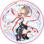  2girls barefoot black_hair brown_hair cardcaptor_sakura cherry_blossoms closed_eyes daidouji_tomoyo dress edoya_inuhachi kinomoto_sakura long_hair lying multiple_girls on_side petals red_ribbon ribbon short_hair twintails white_dress 