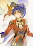 1boy alternate_costume balloon black_bow blue_bow blue_eyes blue_hair bow dated facial_mark genshin_impact hair_between_eyes hat highres jacket jester jester_cap lic_617 long_sleeves male_focus multicolored_hat red_jacket scaramouche_(genshin_impact) simple_background solo 