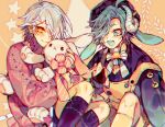  2boys animal_ears black_hat black_socks black_sweater blue_eyes blue_hair bow bowtie crono_(forever_7th_capital) forever_7th_capital horizontal_pupils horns hug long_sleeves multiple_boys open_mouth pink_sweater rabbit_ears sapphire_(nine) sheep_horns socks stuffed_animal stuffed_rabbit stuffed_toy sweater vien_(forever_7th_capital) yellow_bow yellow_bowtie yellow_overalls yellow_socks 