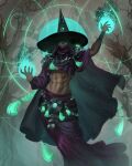  1girl abs absurdres armor breasts caio_santos colored_skin dark_skin glowing glowing_eyes hades_(series) hades_2 hat hecate_(hades) highres hood magic mask mouth_mask muscular navel shoulder_armor tagme toned_female under_boob witch_hat 