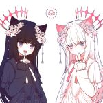  2girls :&lt; :d ahoge animal_ears black_dress black_hair black_vs_white cat_ears cat_girl commentary constellation constellation_print cowlick dress el_elys expressionless fangs flower gemini_(constellation) hair_flower hair_ornament halo index_finger_raised jewelry leo_(constellation) leo_minor_(constellation) long_sleeves looking_at_viewer multiple_girls multiple_rings neck_ribbon open_mouth original pink_halo pink_ribbon purple_nails ribbon ring simple_background skin_fangs smile star_(symbol) symbol-only_commentary upper_body v violet_eyes white_background white_dress white_hair white_ribbon 