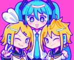  1boy 2girls ahoge aqua_hair aqua_necktie black_sailor_collar blonde_hair brother_and_sister chibi crypton_future_media grin group_picture hair_ornament hairclip hatsune_miku headphones headset highres ibispaint_(medium) kagamine_len kagamine_rin koppi2404 multicolored_eyes multiple_girls necktie one_eye_closed piapro pink_background sailor_collar shirt siblings smile twins v vocaloid white_shirt yellow_necktie 