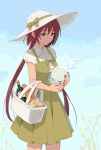  1girl airi_(queen&#039;s_blade) basket blue_eyes bottle bread casual commentary_request dress food ghost green_dress hat highres hitodama long_hair nifffi queen&#039;s_blade redhead shirt sidelocks solo twintails two_side_up wine_bottle 