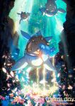  air_bubble blue_flower bubble character_name closed_mouth commentary_request dated ekm flower from_below highres lapras no_humans petals pink_flower pokemon pokemon_(creature) underwater 