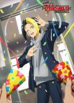  1boy black_hair black_jacket confetti contemporary dutch_angle facial_mark finn_ames grey_hoodie hand_up highres hood hoodie indoors jacket mashle official_art one_eye_closed open_mouth party_popper smile yellow_eyes 