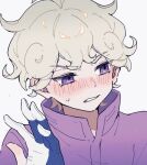  1boy bede_(pokemon) blonde_hair blush clenched_teeth coat commentary_request curly_hair gloves hand_up high_collar male_focus nekojiri partially_fingerless_gloves pokemon pokemon_swsh purple_coat short_hair simple_background solo teeth upper_body violet_eyes white_background 