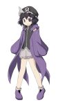  1other androgynous baila_kuangzi black_hair black_hat black_shirt chinese_commentary coat commentary_request frilled_hat frilled_shorts frills full_body hat highres len&#039;en long_sleeves open_clothes open_coat other_focus purple_coat purple_footwear shirt shitodo_kuroji short_hair shorts simple_background sleeveless sleeveless_shirt sleeves_past_wrists socks triangular_headpiece violet_eyes white_background white_shorts white_socks wide_sleeves 