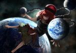  1girl barefoot black_shirt clothes_writing earth_(planet) frilled_skirt frills full_body hashtag-only_commentary hecatia_lapislazuli kiyonetto looking_at_viewer multicolored_clothes multicolored_skirt planet red_eyes redhead shirt short_hair skirt solo space star_(sky) touhou 
