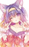  1girl ;o amatsuji animal_ear_fluff animal_ears bare_shoulders blue_hair blush bow collarbone commentary_request eyes_visible_through_hair fox_ears fox_girl frilled_wrist_cuffs frills gradient_hair hair_between_eyes hair_intakes hairband hands_up hatsuse_izuna head_tilt highres index_fingers_raised looking_at_viewer medium_hair multicolored_hair no_game_no_life one_eye_closed open_mouth purple_hair red_bow signature simple_background solo upper_body violet_eyes white_background wrist_cuffs yellow_hairband 