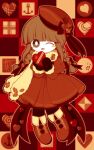  1girl alternate_costume anchor_symbol blunt_bangs blush_stickers box braid bright_pupils brown_hair buttons candy checkerboard_cookie colored_skin cookie dress food frilled_dress frills full_body funamusea funamusea_(artist) fur-trimmed_sleeves fur_scarf fur_trim gloves grey_eyes hat hat_ribbon heart heart-shaped_box holding holding_box long_hair looking_at_viewer one_eye_closed oounabara_to_wadanohara open_mouth outline patterned_background promotional_art red_background red_dress red_footwear red_gloves red_hat red_ribbon red_theme ribbon sidelocks solo square standing striped_clothes striped_thighhighs thigh-highs twin_braids valentine vertical-striped_clothes vertical-striped_thighhighs wadanohara white_outline white_pupils white_skin 