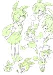  1girl chibi closed_eyes food fruit full_body green_hair green_shorts green_theme highres lemon long_hair looking_at_viewer low_ponytail monochrome multiple_views nishieda open_mouth paper_stack puffy_shorts shorts simple_background sketch smile sour_(taste) suspender_shorts suspenders voicevox white_background zundamon 