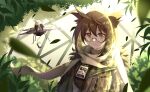  1girl arknights brown_eyes brown_hair commentary_request drone falling_leaves feather_hair glasses highres id_card leaf looking_at_viewer official_alternate_costume owl_ears owl_girl quadcopter rhine_lab_logo round_eyewear scarf semi-rimless_eyewear short_hair silence_(arknights) silence_(frosted_breath)_(arknights) solo sweater textless_version tree txin_xin under-rim_eyewear 