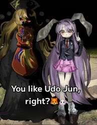 2girls angry animal_ears blonde_hair chinese_clothes english_text facing_viewer haniwa_kue highres junko_(touhou) light_blush long_sleeves meme multiple_girls necktie purple_hair rabbit_ears rabbit_girl red_eyes reisen_udongein_inaba shaded_face skirt touhou v why_dis_ninja_look_so_mad_(meme) 