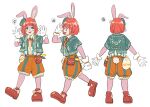  :d animal_ears blue_eyes blush brown_footwear creatrail fish furry green_hat green_jacket hands_up jacket mascot multiple_views original pouch rabbit rabbit_ears rabbit_tail redhead reference_sheet shorts simple_background smile standing tail tilted_headwear white_background 