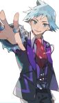  1boy :d belt belt_buckle buckle collared_shirt commentary_request highres jacket jewelry kawasaki_(kwsk_8765) long_sleeves looking_at_viewer male_focus necktie open_mouth outstretched_arm pants pokemon pokemon_oras red_necktie ring shirt short_hair smile solo spiky_hair steven_stone vest white_background 