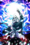  1boy arm_up bandaged_arm bandages belt belt_buckle black_belt black_coat black_hair black_pants buckle buttons casting_spell clouds cloudy_sky coat collared_coat commentary_request cowboy_shot cross_print danganronpa_(series) danganronpa_2:_goodbye_despair from_below grey_eyes heterochromia high_collar highres jacket jewelry konakai layered_sleeves lightning long_sleeves looking_at_viewer male_focus multicolored_hair multiple_rings open_clothes open_coat open_jacket open_mouth pants purple_scarf red_coat red_eyes ring scar scar_across_eye scarf shirt short_hair sky sleeve_rolled_up smile solo tanaka_gundham teeth thunder two-sided_coat two-sided_fabric two-tone_hair upper_teeth_only white_hair white_jacket white_shirt 